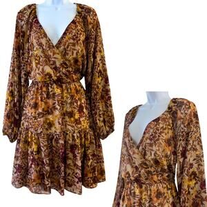 Guess Brown Tan Long Sleeve Tiered Floral Mini Dress Womens 6 Warm Jewel Tones